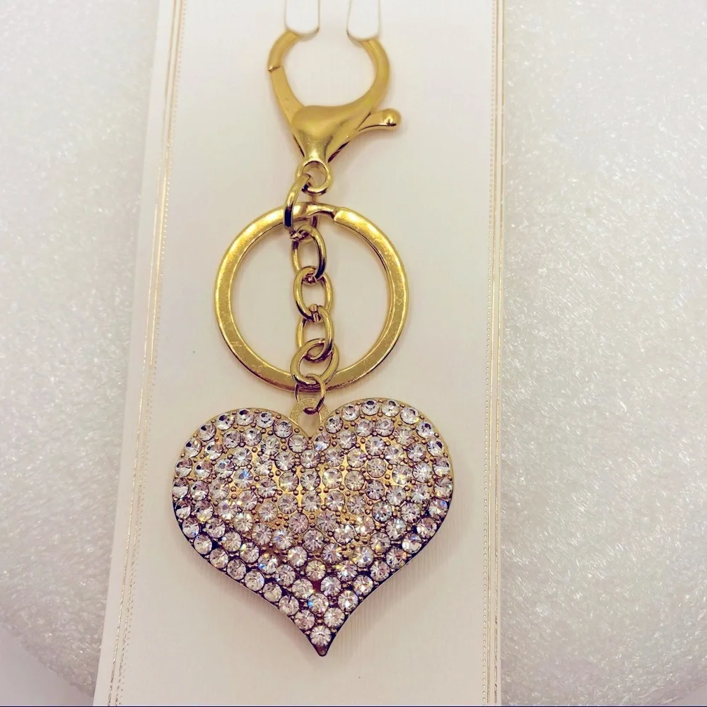 Key Chain Purse Charm Heart Crystals set in Golden tone. VERY BRILLIANT